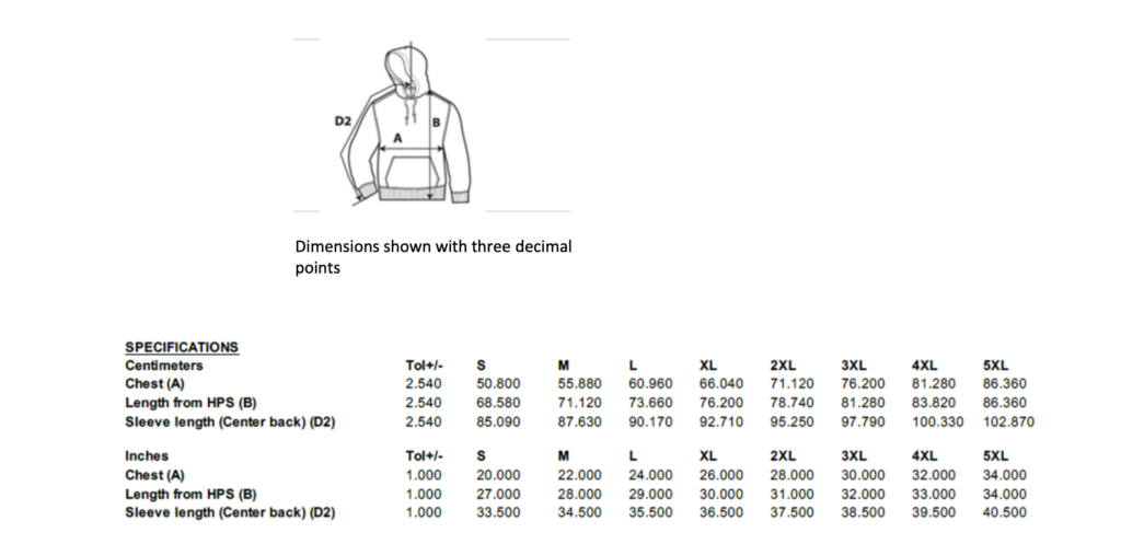 Gildan hoodie maattabel